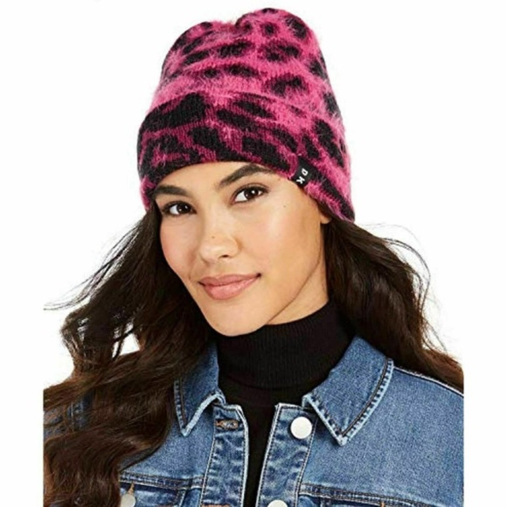 DKNY Women's Fuzzy Animal Printed Soft Knit Beanie Hat in Pink One Size, $34 NWT